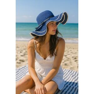 Wide Brim Floppy Hat Blue White Striped‎ Bow Summer Beach Sun Hat